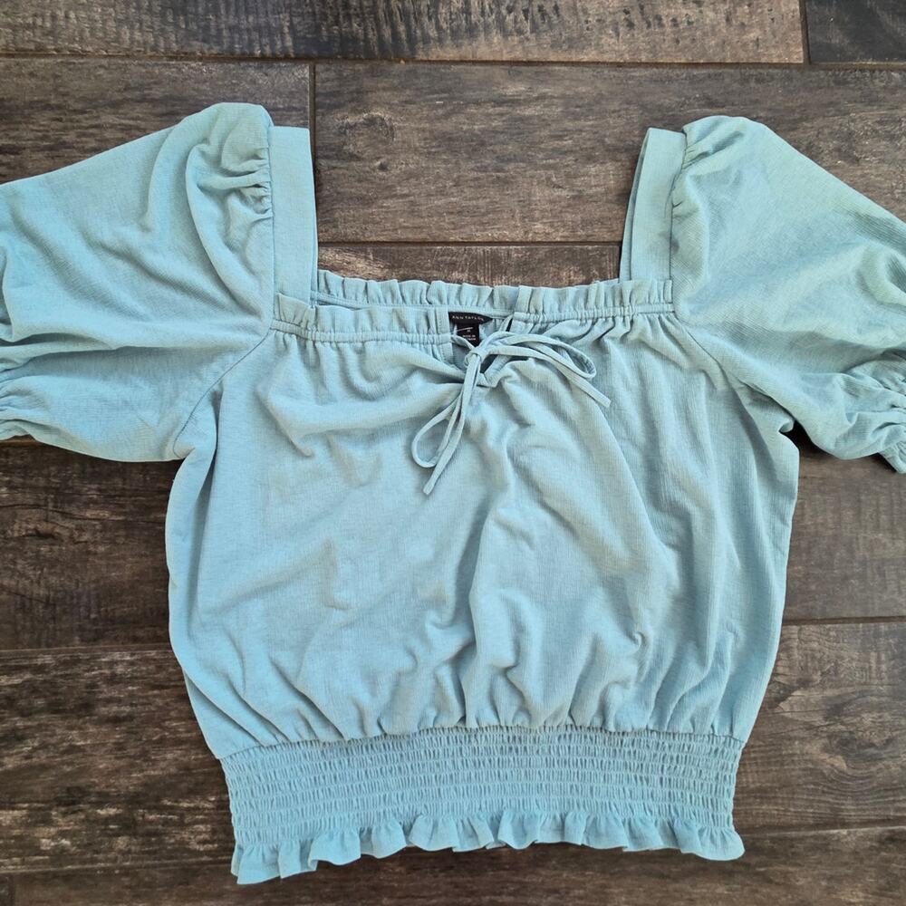 #445 Ann Taylor Sky Blue/Green Puff Sleeve Blouse